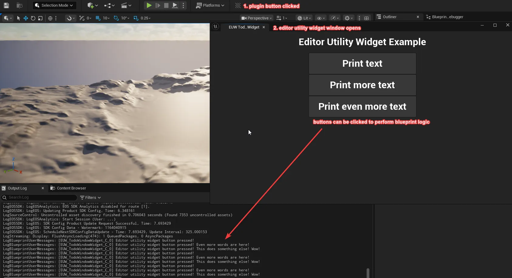 The EUW loaded into the plugin window with the buttons printing text to the output log