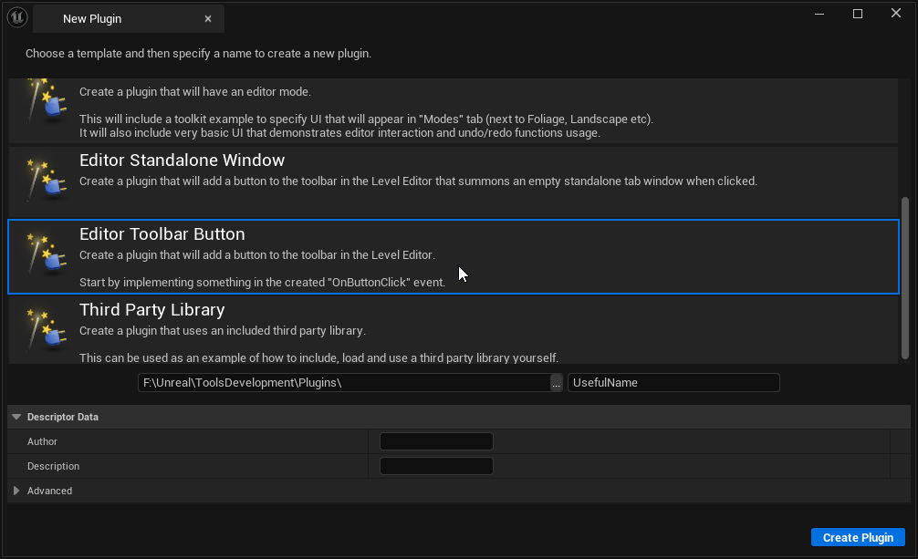 Selecting a template to create a new plugin